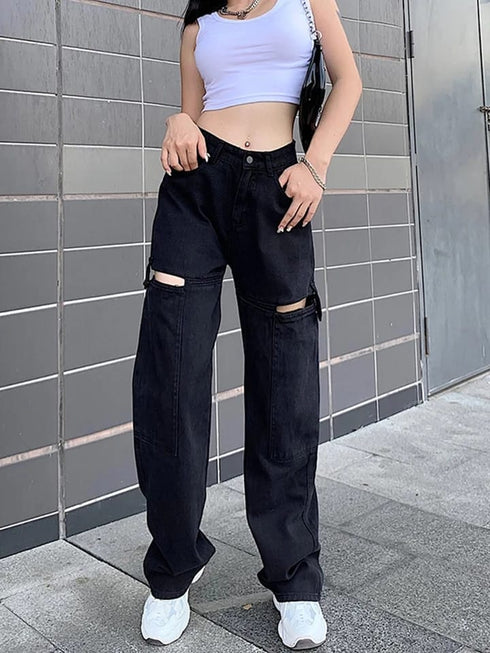 Cargo Large Pocket Hollow Cut Straight Pants